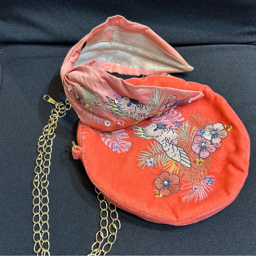 Embroidered Powder Coral Bag with Chain Strap with Matching Headband